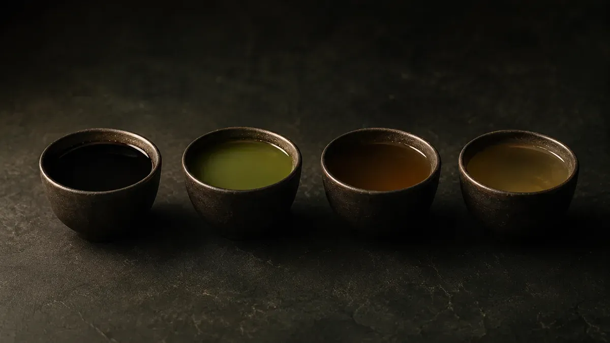 Čtyři tmavé keramické šálky vedle sebe, v každém jiný nápoj: káva, matcha, yerba maté a nálev z wayusy